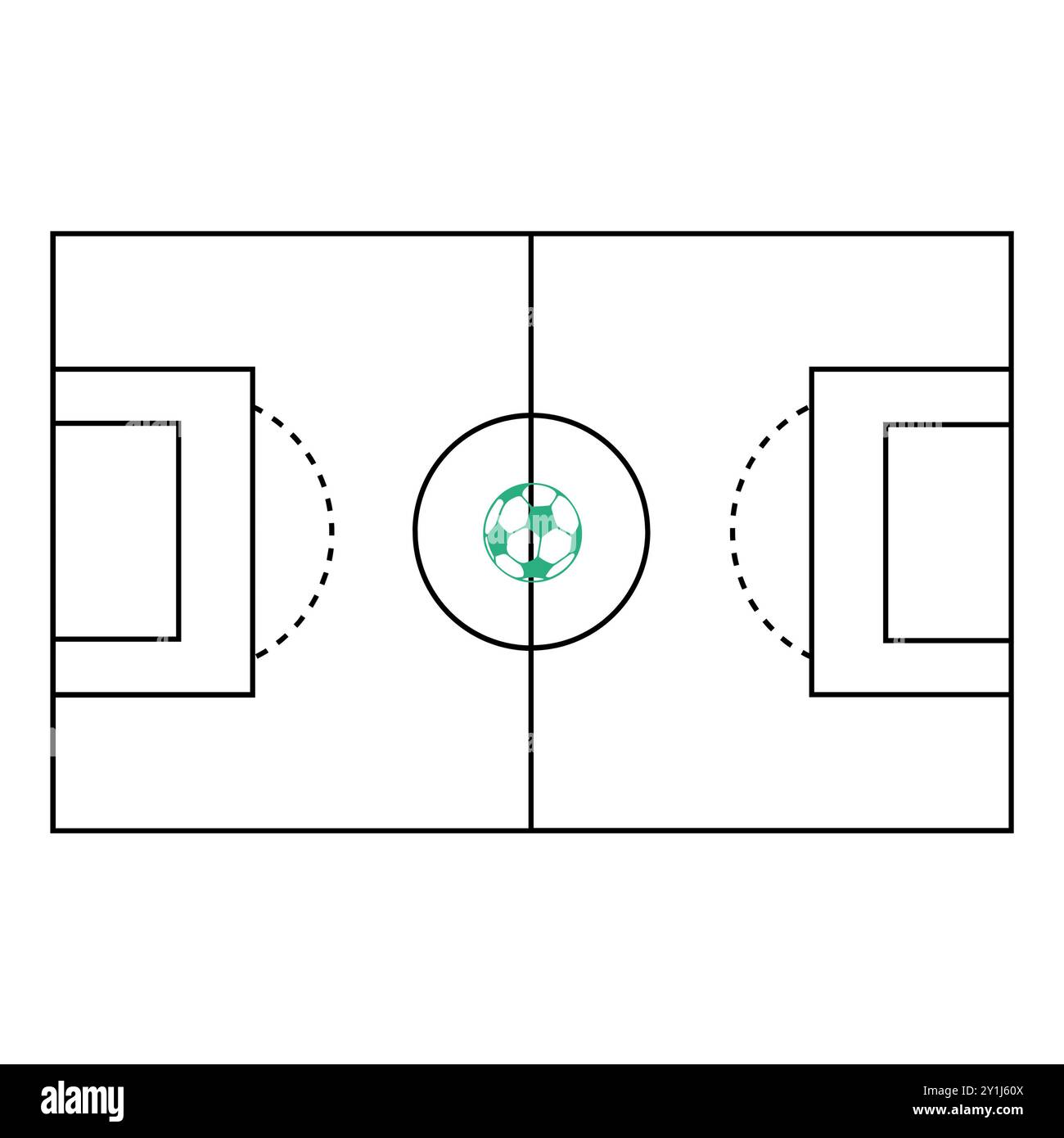 Stadio di calcio che disegna in bianco e nero con un calcio verde al centro, pianificazione della strategia di calcio, calcio, tattiche di calcio Illustrazione Vettoriale