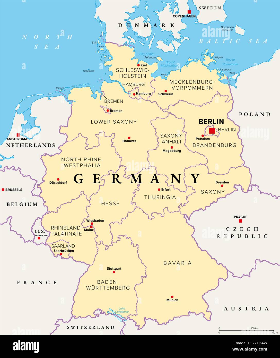 Germania, ufficialmente Repubblica Federale di Germania, mappa politica. Paese dell'Europa centrale con capitale Berlino. Mappa dei 16 stati costituenti. Foto Stock