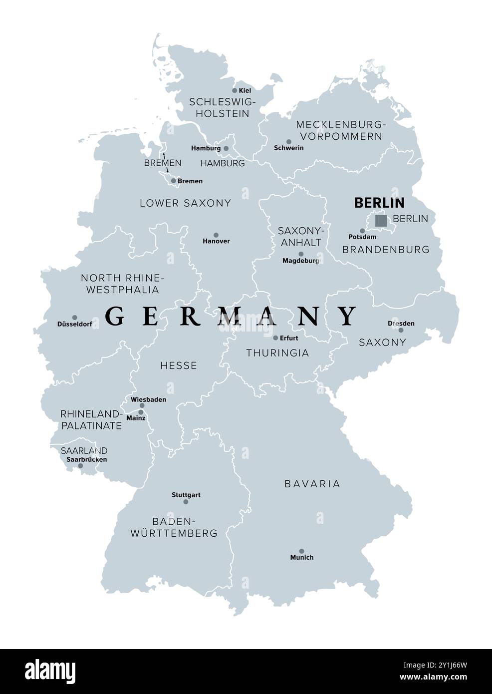 Germania, 16 stati costituenti con confini e capitali, mappa politica grigia. Ufficialmente la Repubblica Federale di Germania, un paese dell'Europa centrale. Foto Stock