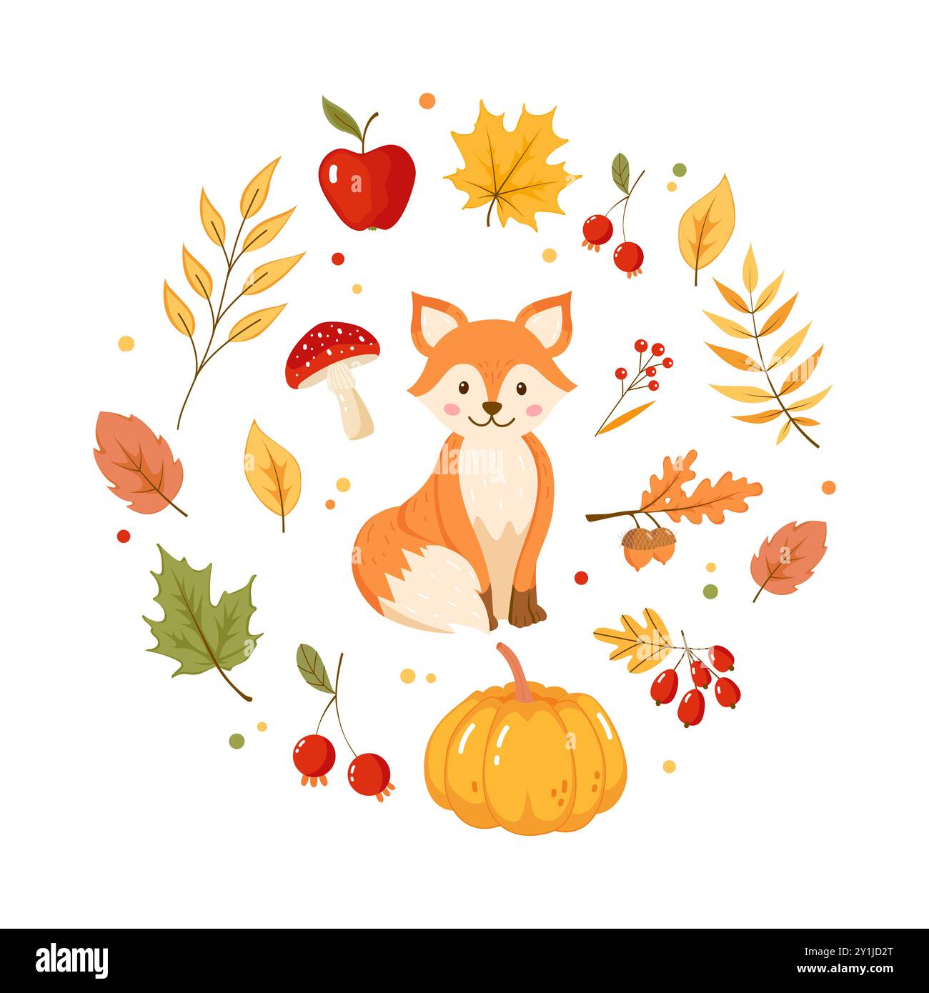 Carino cartone animato volpe e altri elementi autunnali illustrazione vettoriale Illustrazione Vettoriale