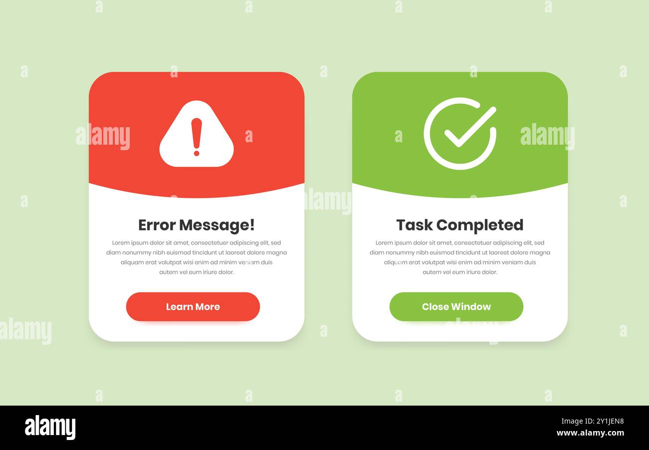 Design minimalista per i messaggi di errore e le schermate di completamento delle attività con i pulsanti di azione Illustrazione Vettoriale