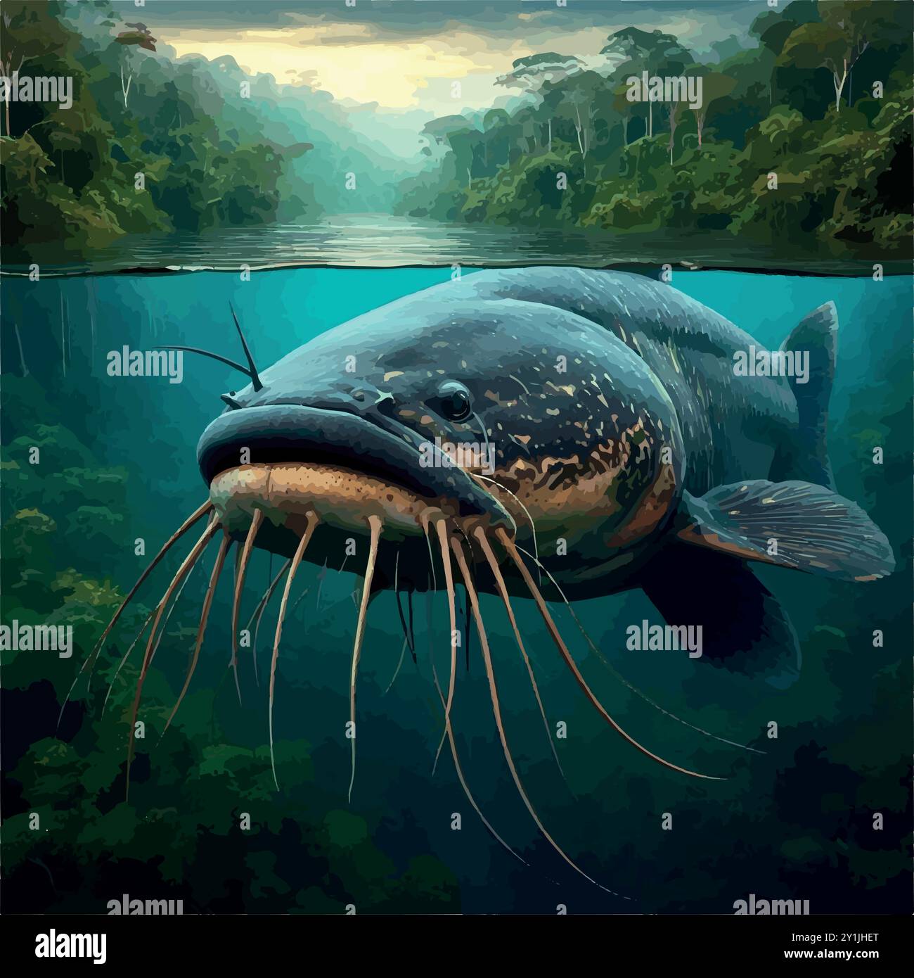 Il mitico pesce gatto Piraíba: Un viaggio nelle profondità. Illustrazione Vettoriale