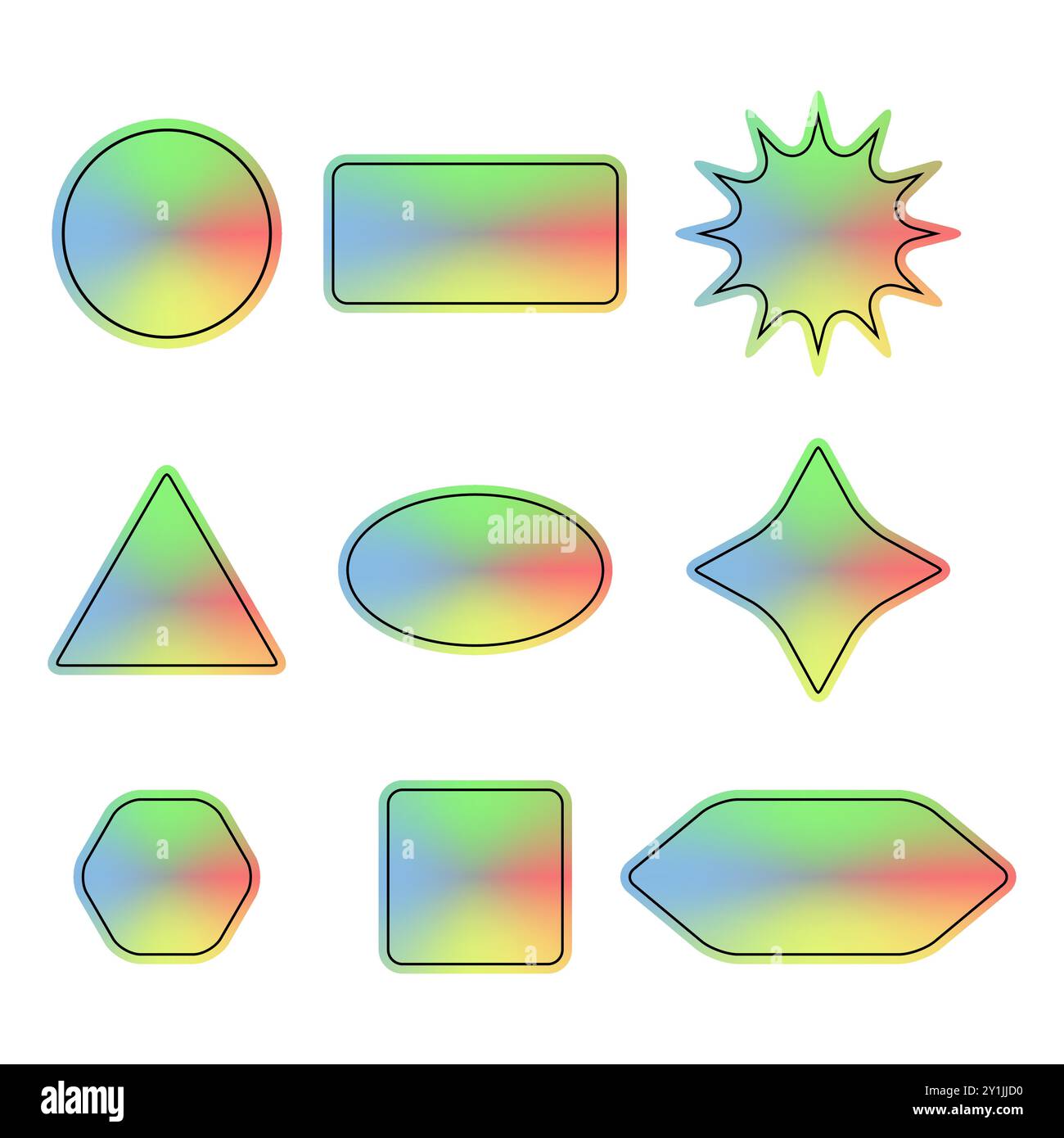 Confezione di adesivi olografici vettoriali. Set di etichette colorate. Etichette olografiche di forme diverse Illustrazione Vettoriale