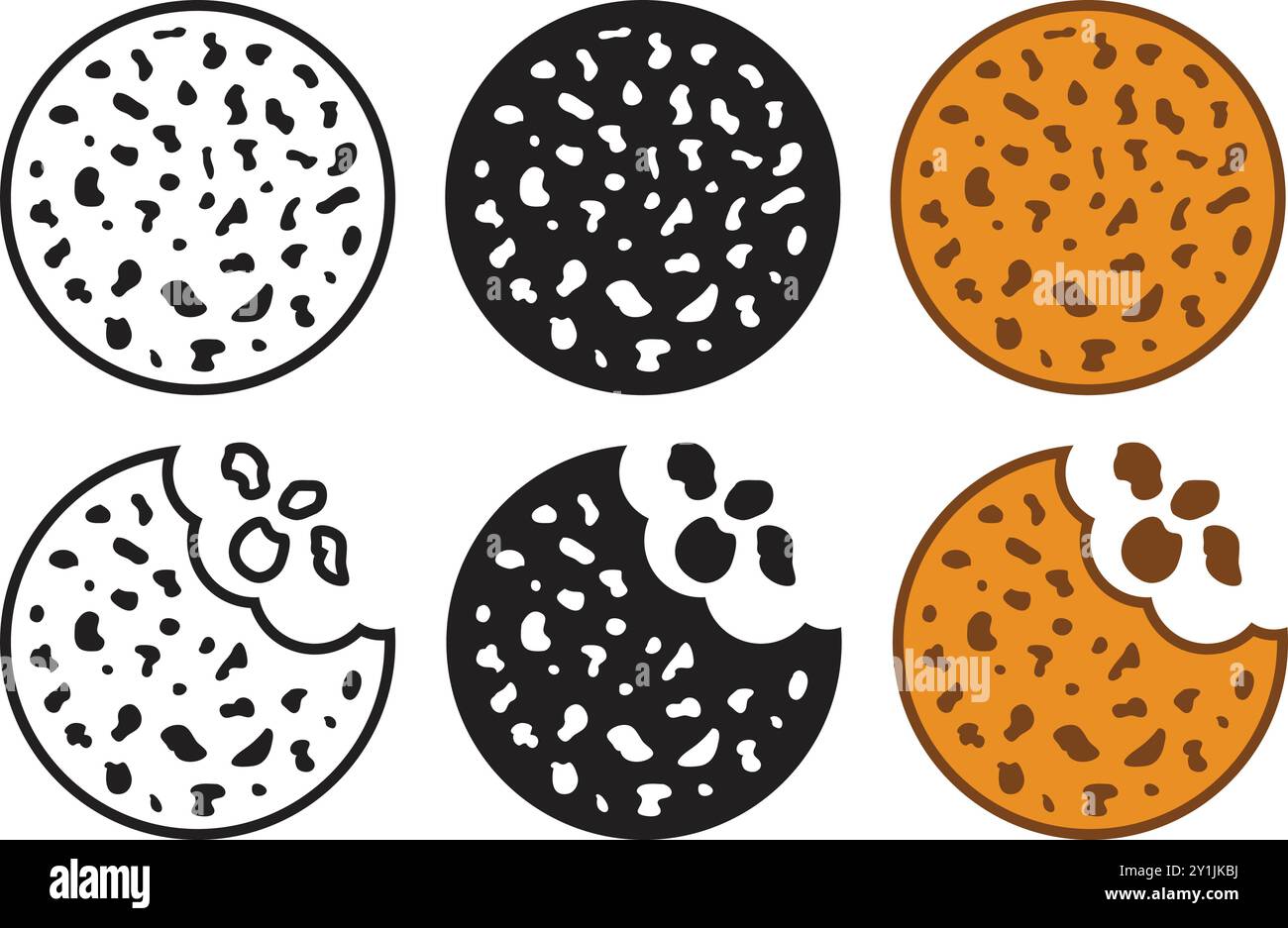 Icone dei cookie impostate in stile piatto. Illustrazione vettoriale di biscotti gustosi su sfondo isolato. La pasticceria di cioccolato firma il concetto di business. Illustrazione Vettoriale