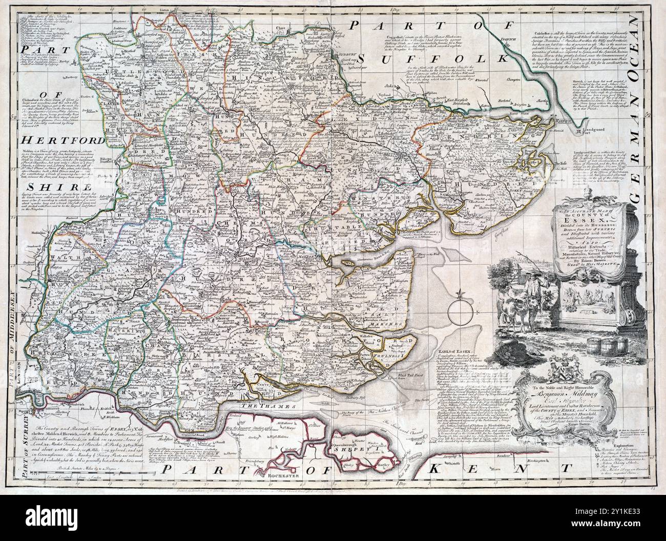 Una stampa accurata della mappa d'epoca del XVIII secolo delinea la contea inglese dell'Essex Inghilterra Regno Unito la mappa indica chiaramente città, strade e caratteristiche topografiche, centinaia di John Bowles e Robert Sayer 1767 stampe antiche Foto Stock