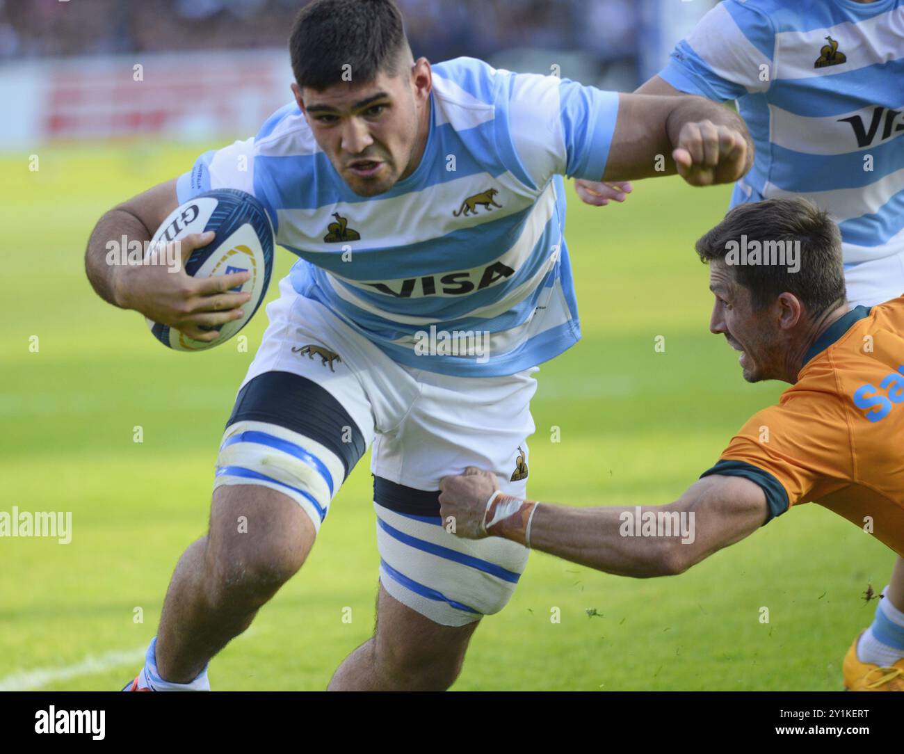 Santa Fé, Argentina - 7 settembre 2034: Joaquín Oviedo dall'Argentina segna una meta. I Pumas giocheranno una nuova partita per il campionato di rugby per il quarto round, cercando vendetta contro l'Australia dopo quello che è successo la scorsa settimana. Il team, guidato da Felipe Contepomi, riceverà i Wallabies a Santa Fe. Per questa partita, l'allenatore ha apportato quattro cambiamenti alla squadra di partenza, evidenziando il cambiamento nella posizione di apertura: Tomás Albornoz sostituirà Santiago Carreras, il che significa un aggiustamento chiave nella strategia di gioco. Crediti: UNAR Photo/Alamy Live News Foto Stock