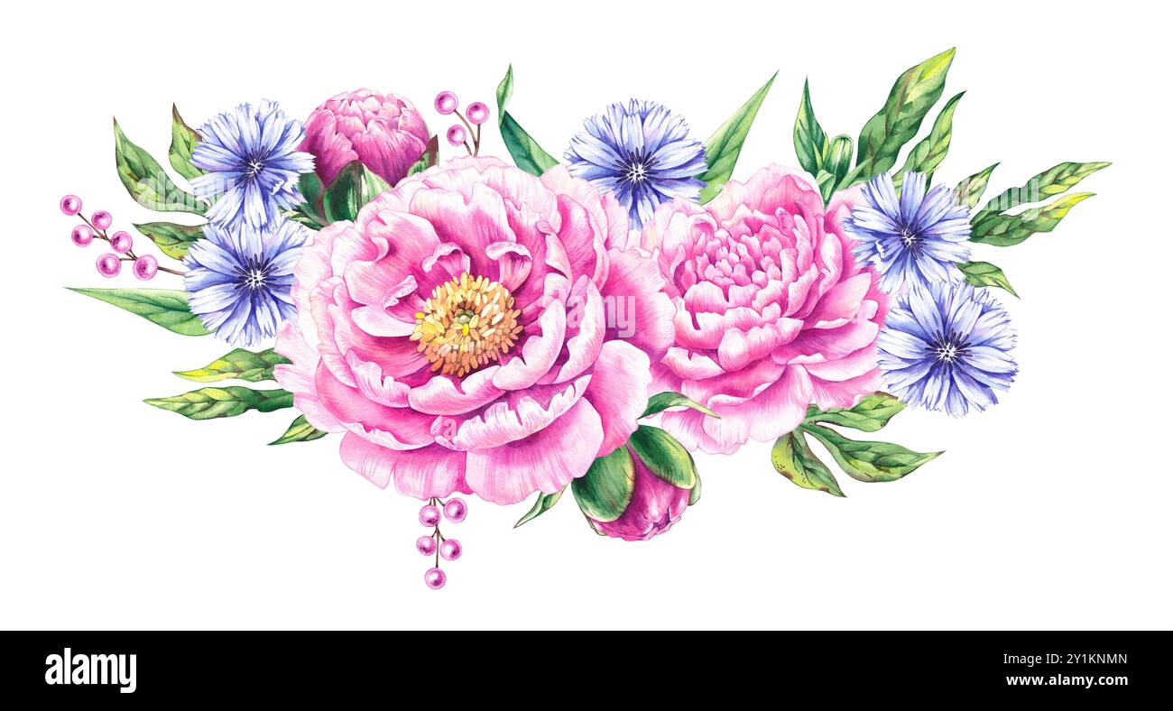 Bouquet di peonie rosa acquerello disegnato a mano Foto Stock