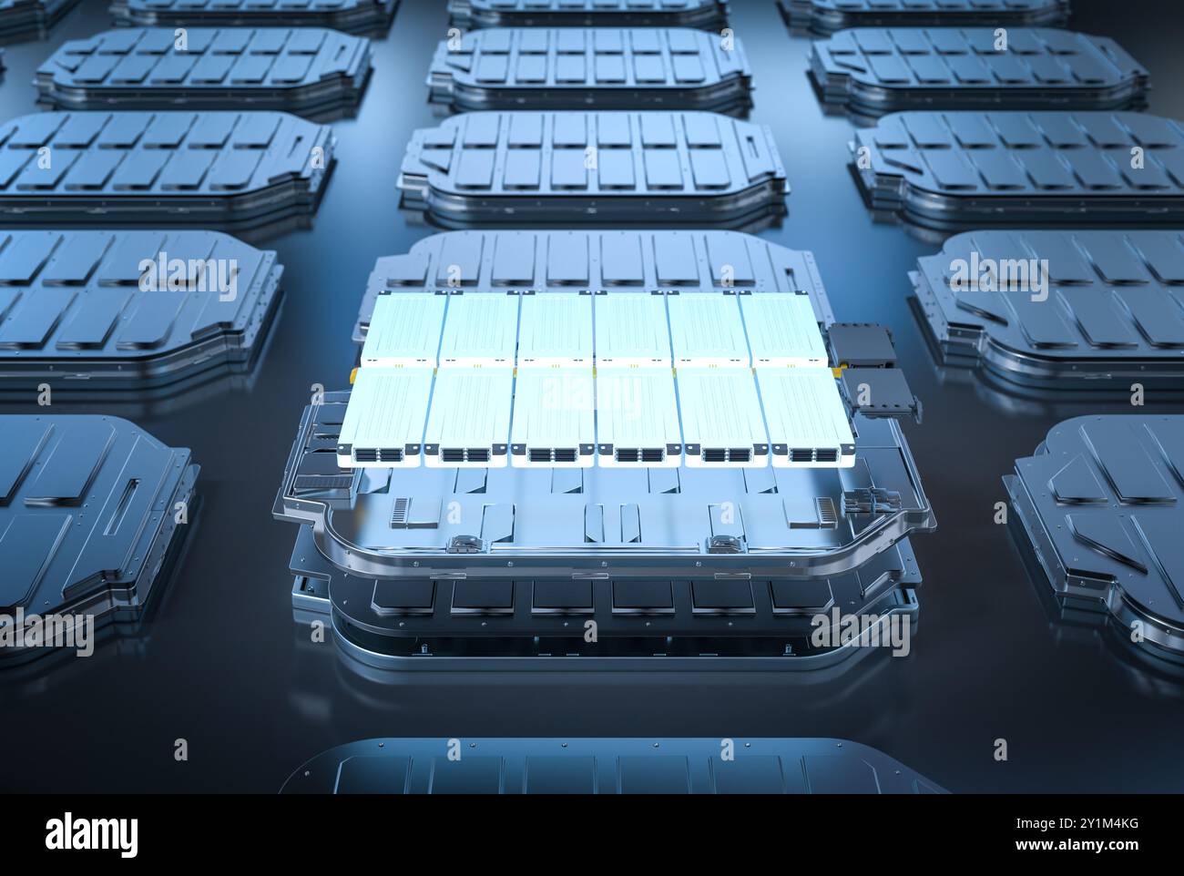 Vista esplosa del modulo delle celle della batteria del veicolo elettrico con rendering 3d con incandescenza Foto Stock