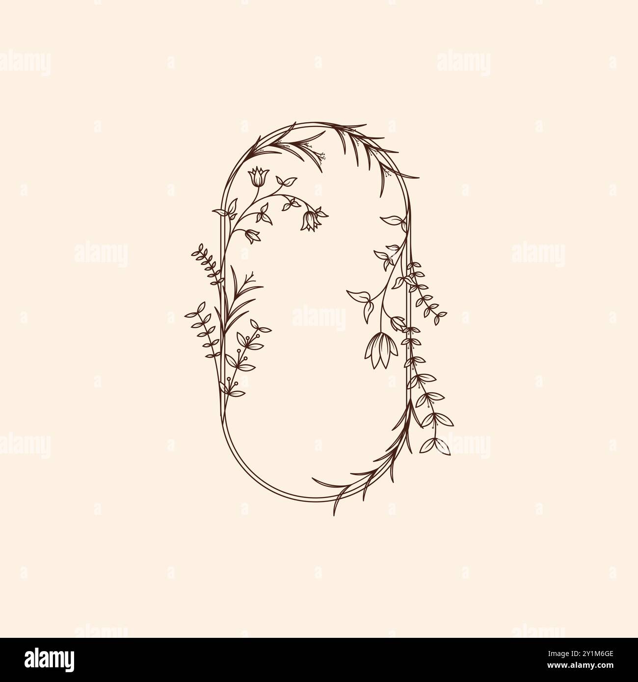 Modello con logo femminile disegnato a mano. Telaio femminile con fiori, piante, ramificazioni. Montatura con logo floreale per matrimoni, fioristi, boutique, casa Illustrazione Vettoriale