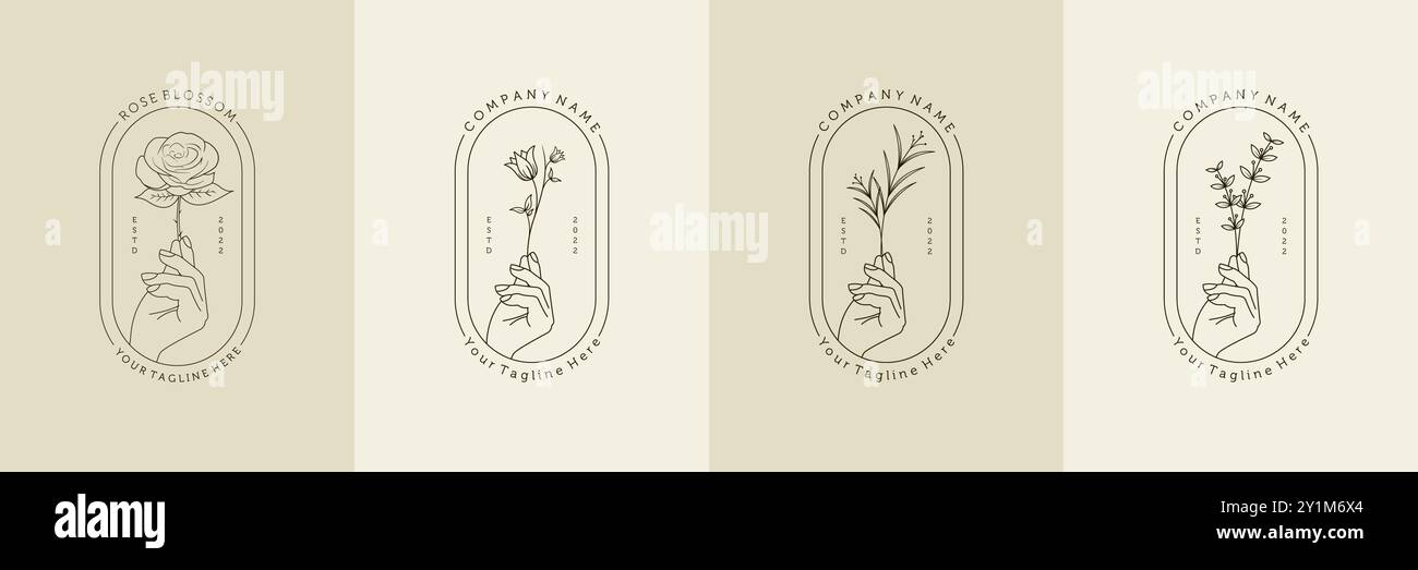 Collezione con logo floreale dallo stile minimal e femminile. Modello creativo con logo floreale line art per studio di design, spa, matrimoni, fiorista, beauty e fash Illustrazione Vettoriale