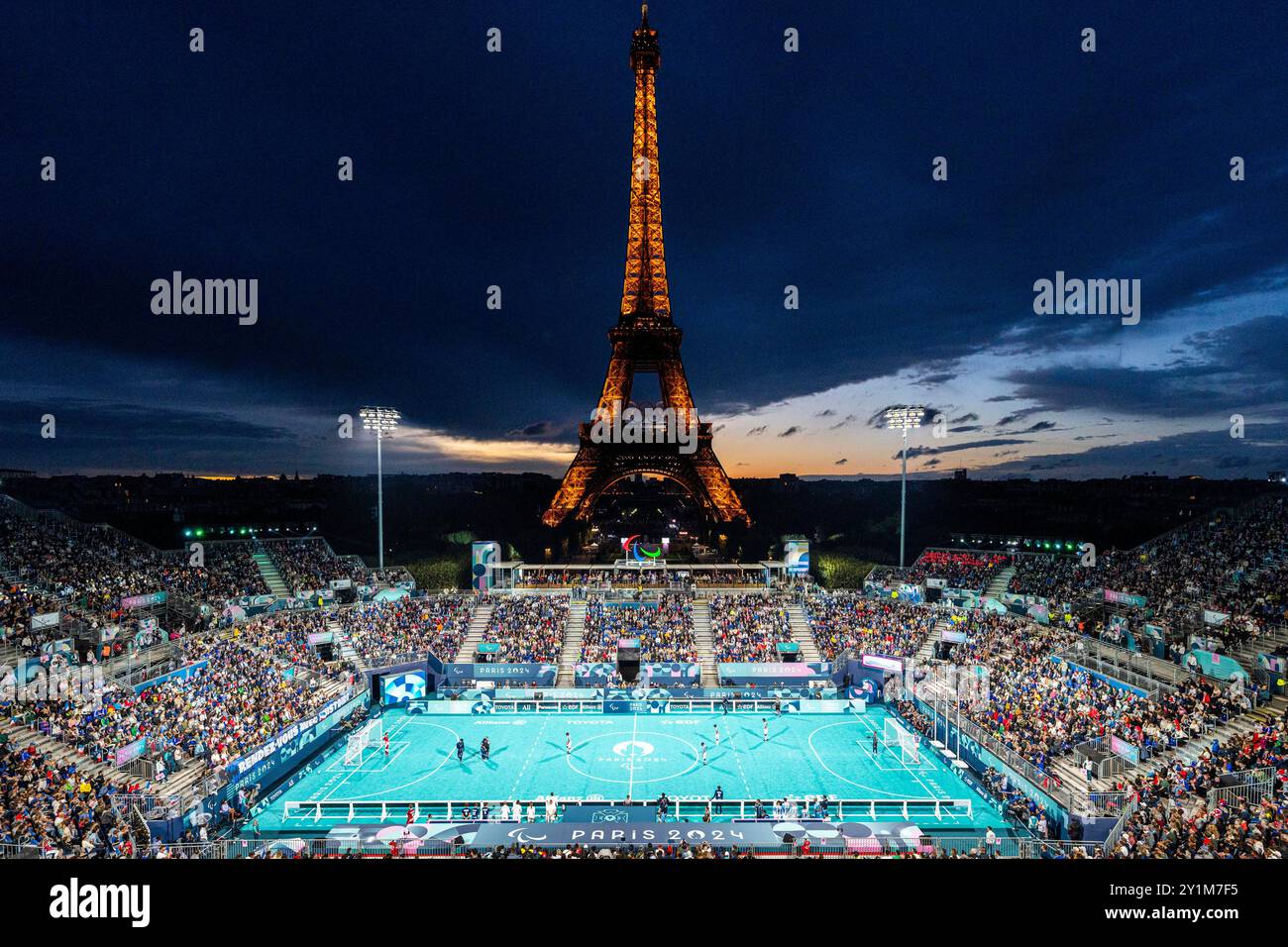 Parigi, Francia. 7 settembre 2024. Vista generale dello stadio della Torre Eiffel, durante la partita di calcio cieco tra Francia e Argentina. Punteggi finali; Francia 3-2 Argentina. Credito: SOPA Images Limited/Alamy Live News Foto Stock