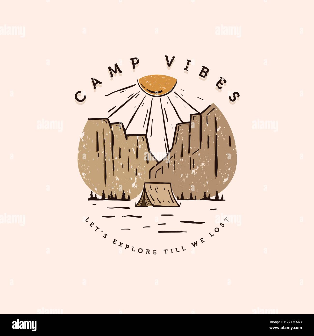 Design dell'illustrazione vettoriale con logo per il campeggio all'aperto. Campo estivo al Canyon Illustration Design. Camping Illustration Vector Design. Illustrazione Vettoriale