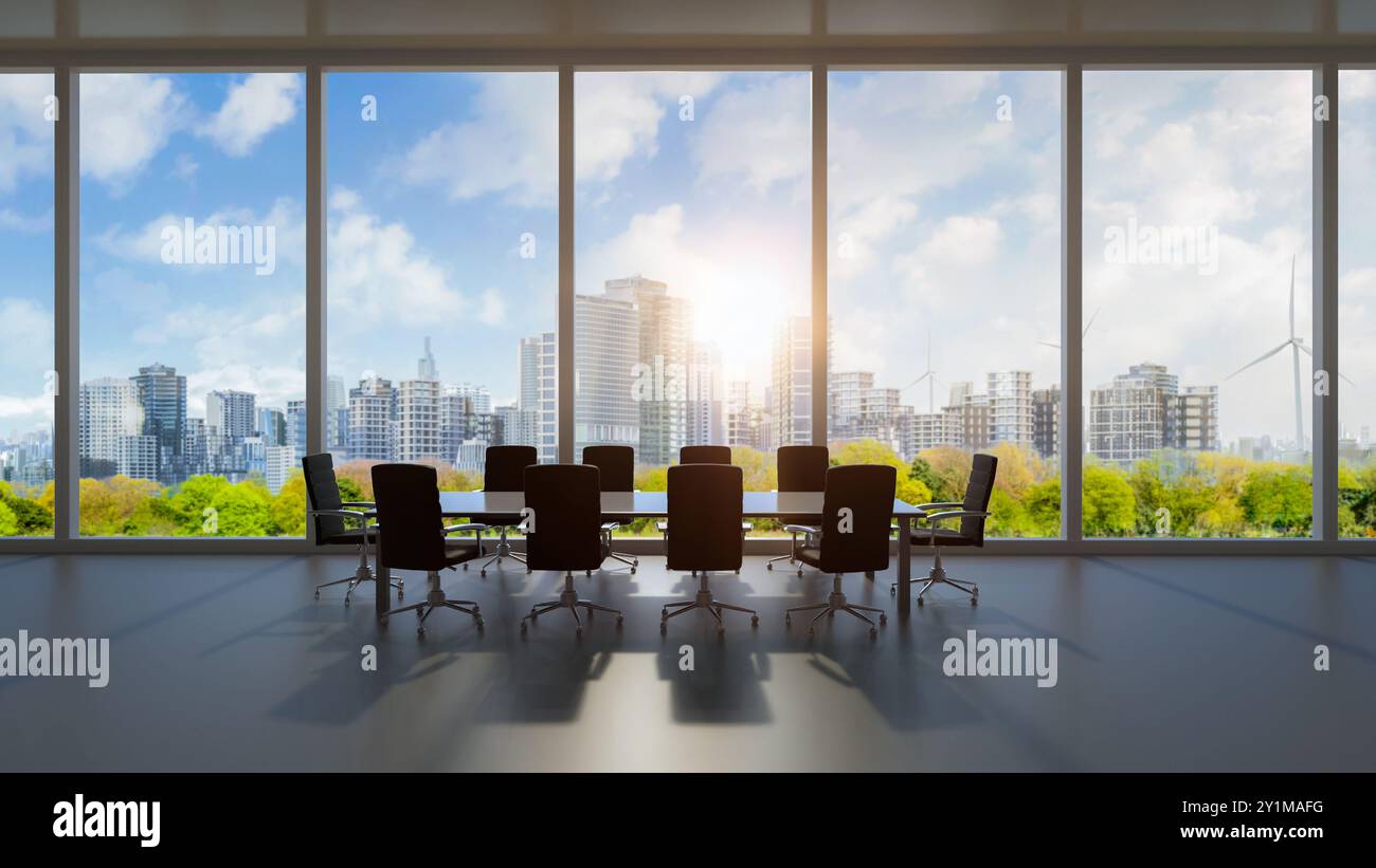 rendering 3d di spazi vuoti o spazi di lavoro con vista verde dello sfondo della città Foto Stock