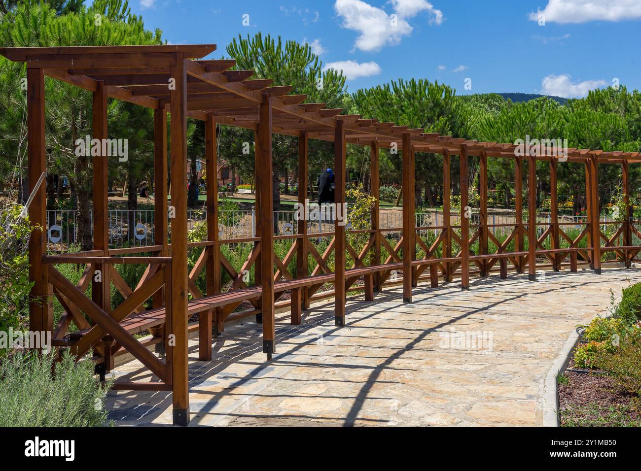 Vicolo con panchine di legno nel parco Foto Stock