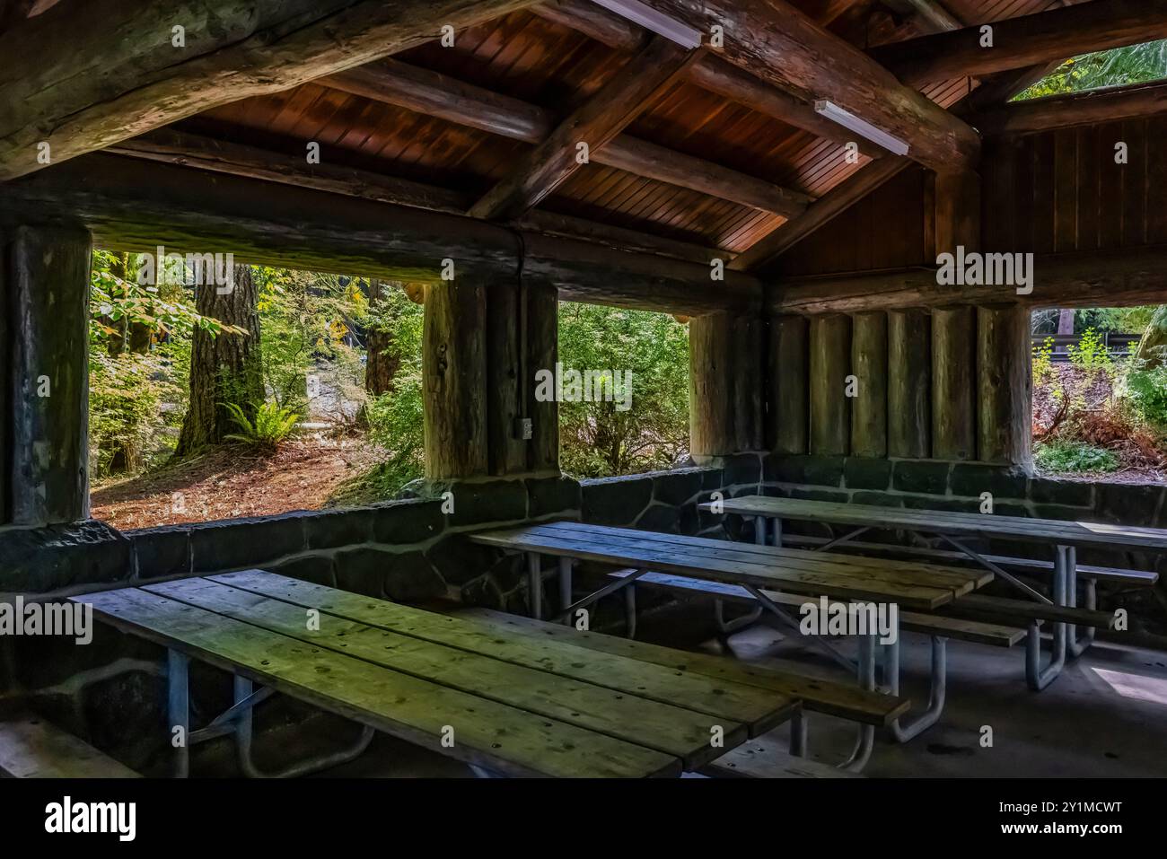 Padiglione per picnic in un parco rustico costruito dal Civilian Conservation Corps negli anni '1930 nel Twanoh State Park, Washington State, USA Foto Stock