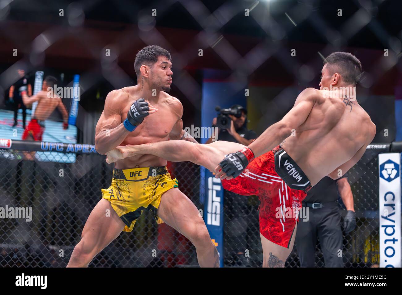 Las Vegas, Stati Uniti. 7 settembre 2024. UFC Featherweight Yizha lancia un body kick su Gabriel Santos durante UFC su ESPN 100 a UFC Apex Credit: Malachi Gabriel/Alamy Live News Foto Stock