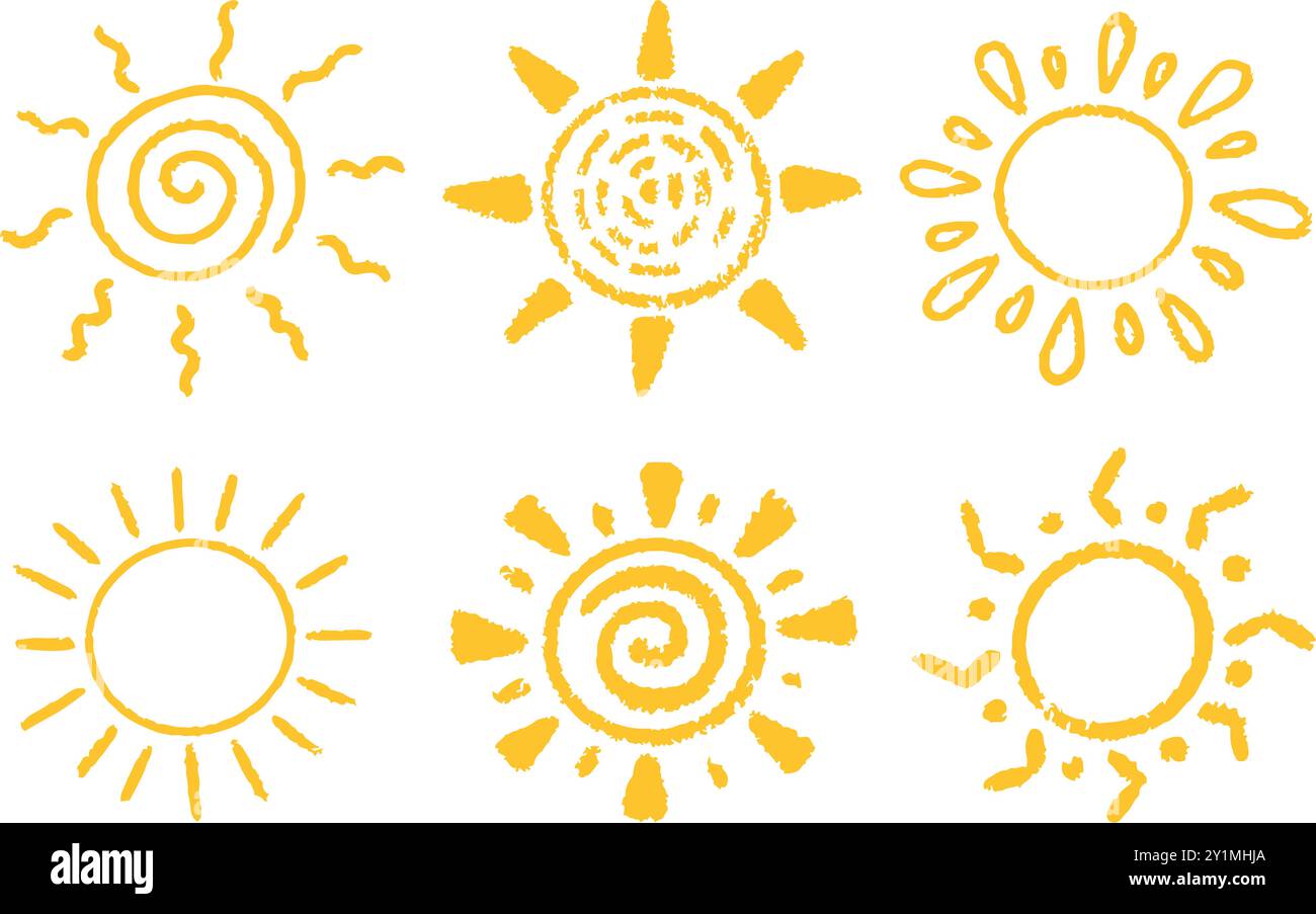 Icone per il sole. Cartone animato estate disegnato a mano abstract sketch. Carino simbolo giallo grunge del tramonto. Illustrazione a spirale vettoriale a matita su bianco Illustrazione Vettoriale