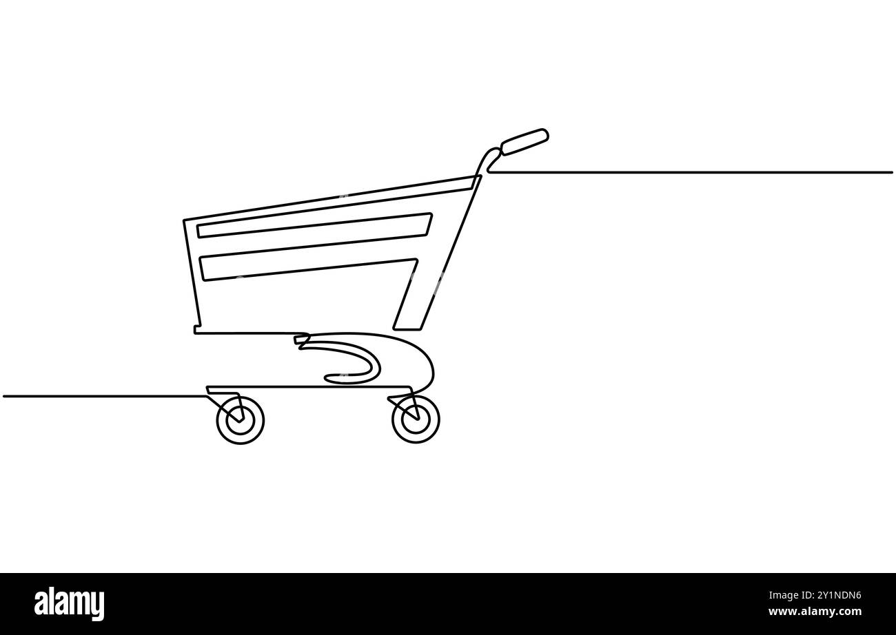 Disegno continuo di una linea d'arte carrello. Shopping online in negozio. Carrello per la spesa Illustrazione Vettoriale
