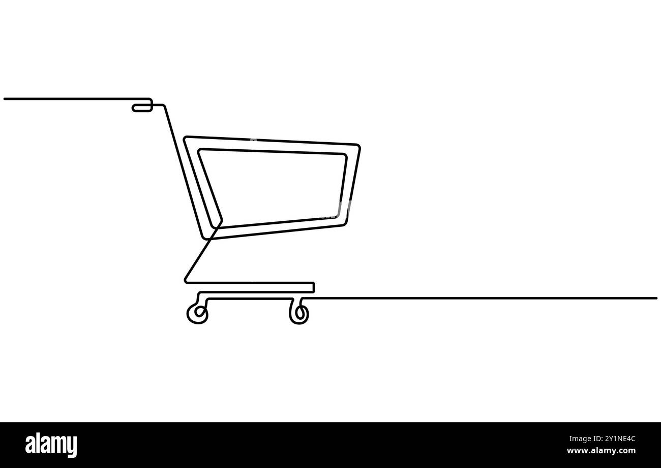 Disegno continuo di una linea d'arte carrello. Shopping online in negozio. Carrello per la spesa Illustrazione Vettoriale
