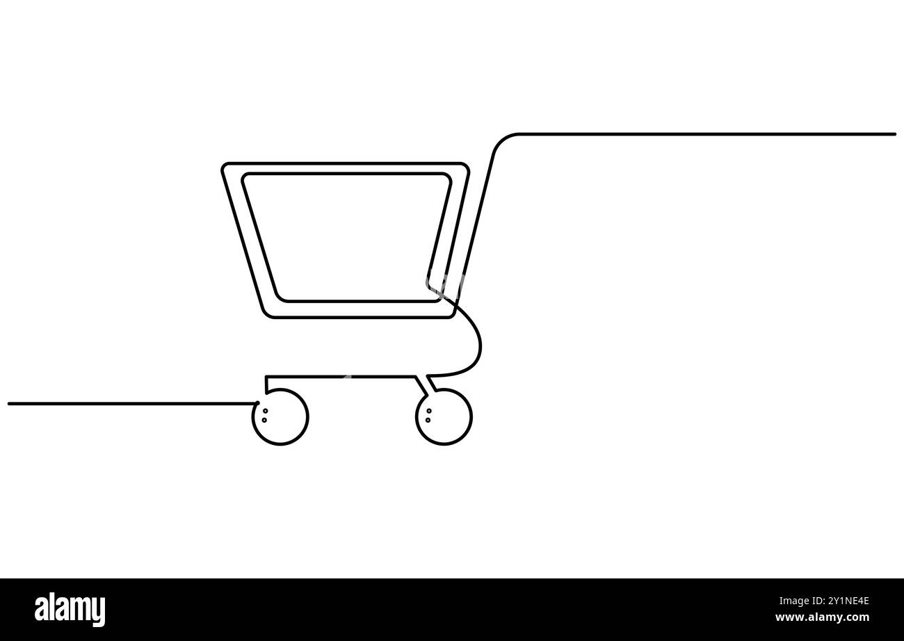 Disegno continuo di una linea d'arte carrello. Shopping online in negozio. Carrello per la spesa Illustrazione Vettoriale