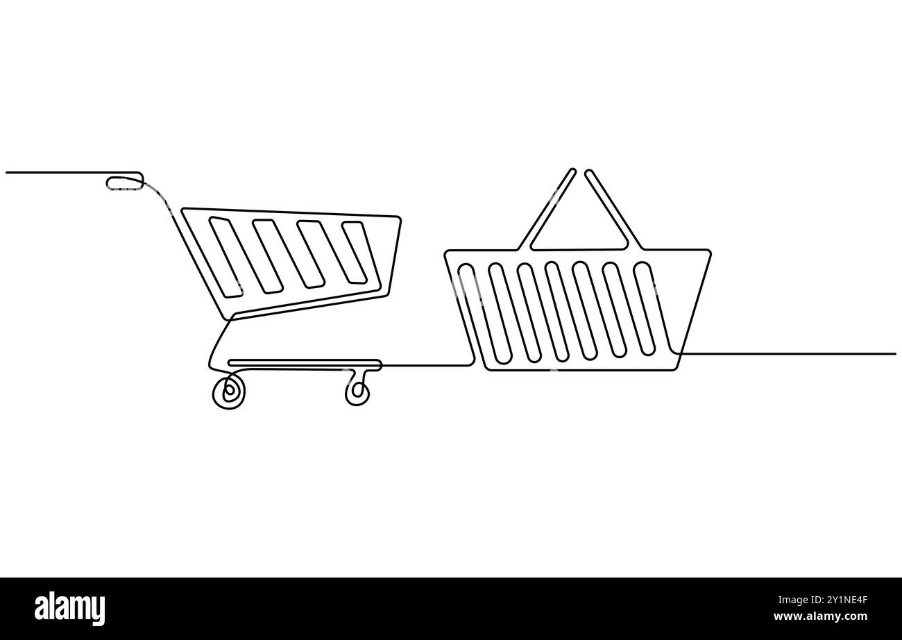 Disegno continuo di una linea d'arte carrello. Shopping online in negozio. Carrello per la spesa Illustrazione Vettoriale