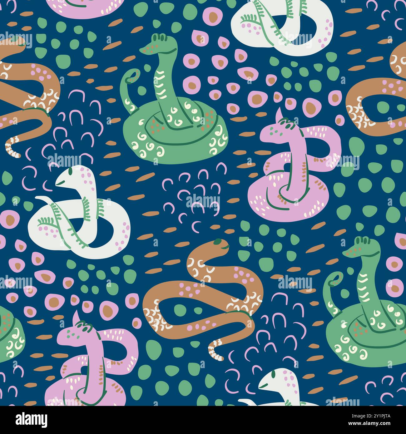 Motivo senza cuciture con serpenti in vari colori, circondato da punti e forme astratte su sfondo blu scuro. Surfac animale disegnato a mano vettoriale Illustrazione Vettoriale