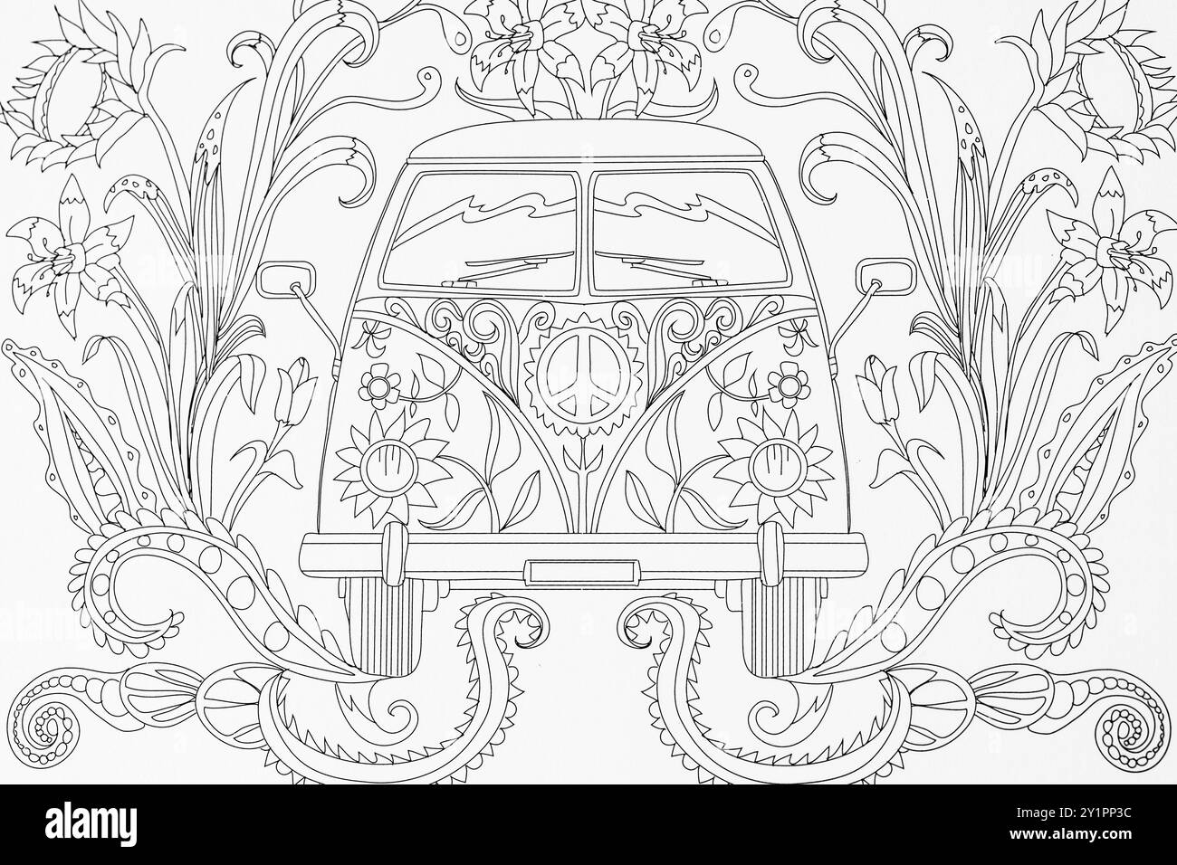 Sfondo bianco e nero con motivo vintage per viaggiare e colorare Foto Stock