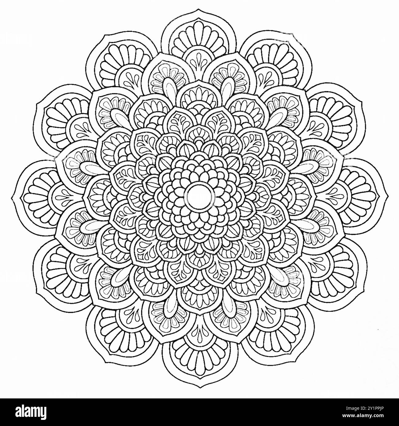 Sfondo bianco e nero con motivo mandala grafico per la colorazione Foto Stock