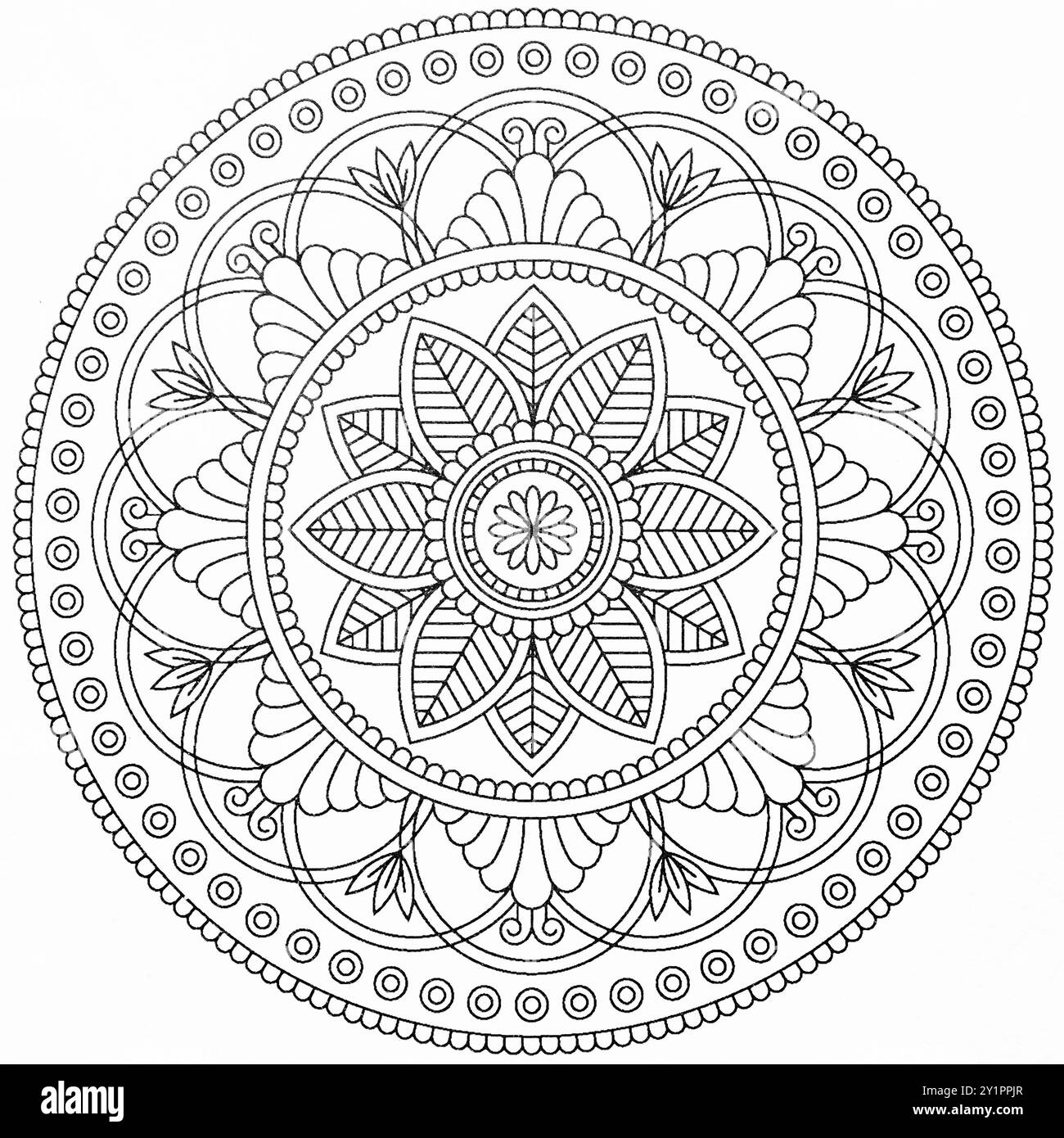 Sfondo bianco e nero con motivo mandala grafico per la colorazione Foto Stock