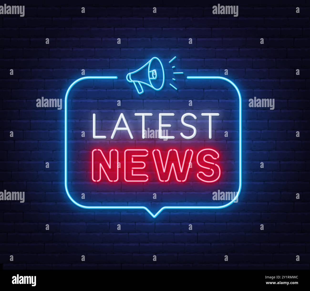 Ultime notizie neon firma in bolla di discorso su sfondo murato. Illustrazione Vettoriale