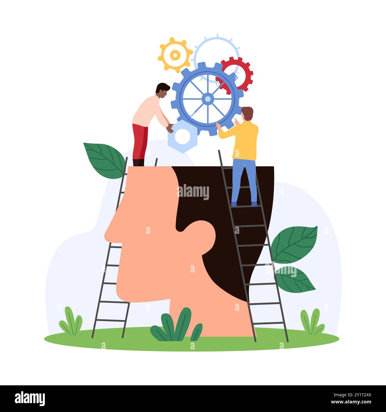 Implementazione e ottimizzazione di nuovi prodotti e soluzioni intelligenti. Piccole persone mettono gli ingranaggi all'interno della testa umana aperta, danno idee tecniche, sviluppano un pensiero razionale e un'illustrazione vettoriale dei cartoni animati Illustrazione Vettoriale