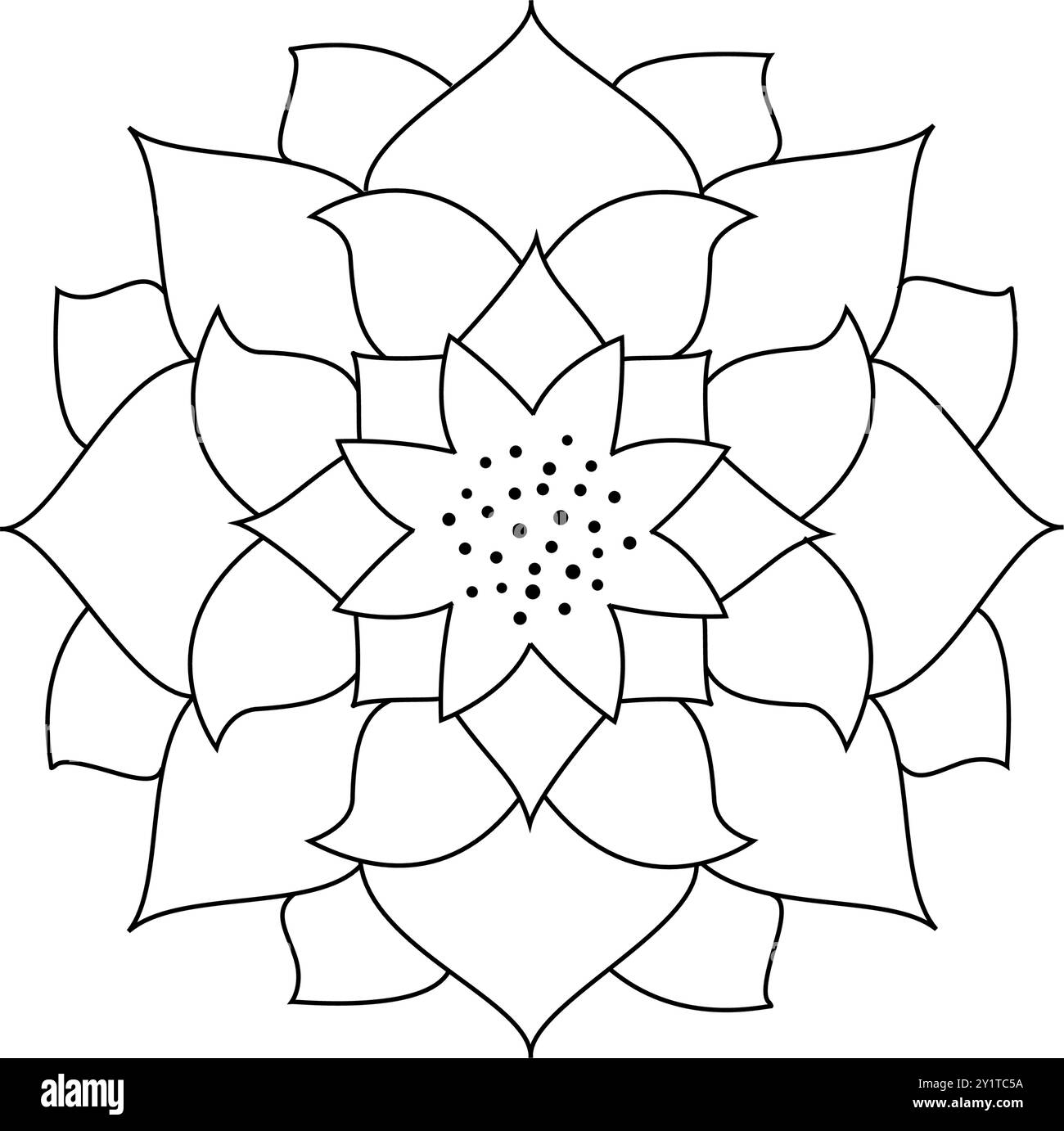 mandala che utilizza fiori di loto e altre forme di piante acquatiche per colorare libri. Illustrazione vettoriale mandala line art per Mehndi, tatuaggio, logo yoga Illustrazione Vettoriale