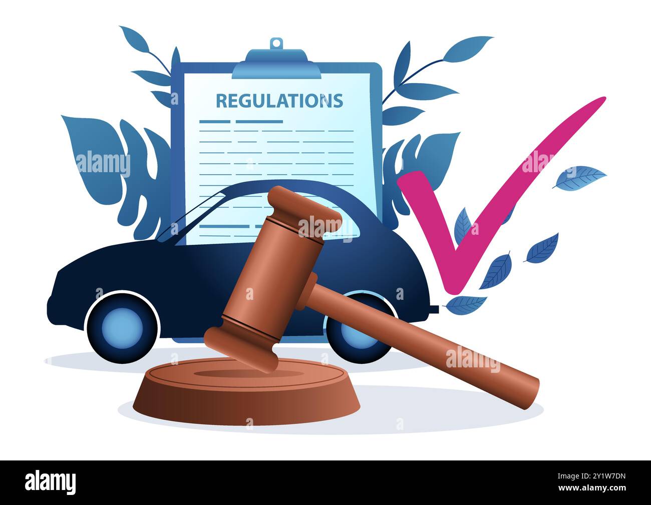 L'auto ha prodotto emissioni pulite con documenti di giustizia e regolamenti sullo sfondo, illustrazioni vettoriali delle normative sulle emissioni delle auto Illustrazione Vettoriale
