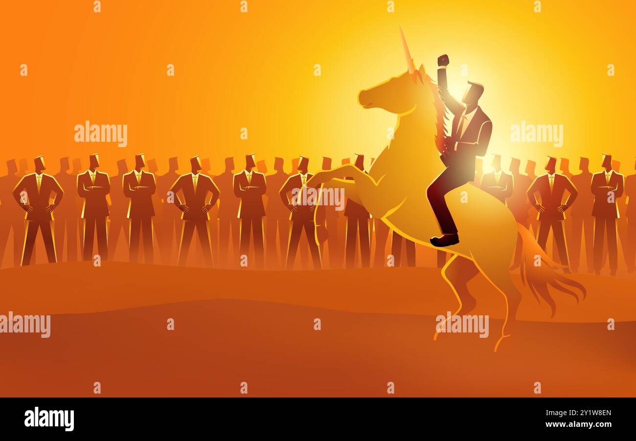 Uomo d'affari in sella a un unicorno, simbolo di un'azienda del valore di oltre 1 miliardo di dollari, guida il suo team verso obiettivi ambiziosi. Ciò simboleggia il successo dell'avvio. Illustrazione Vettoriale