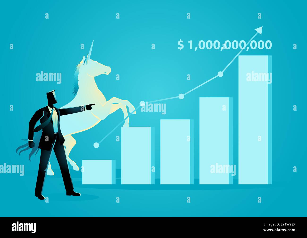 L'uomo d'affari indica che la barra dei grafici aumenta raggiungendo un miliardo di dollari, con un unicorno sullo sfondo. Il concetto di Start-up business simboleggia ambizioso Illustrazione Vettoriale