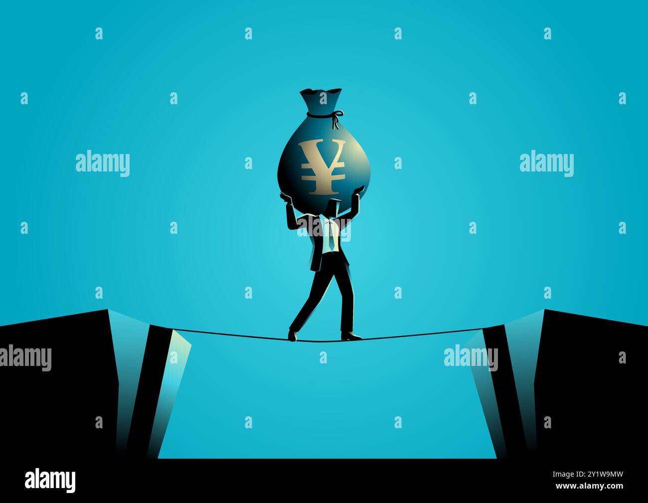 L'uomo d'affari solleva un sacco di soldi con un simbolo di yen attraverso un abisso, simboleggiando la crisi economica in Giappone. Questo concetto rappresenta la lotta per Illustrazione Vettoriale