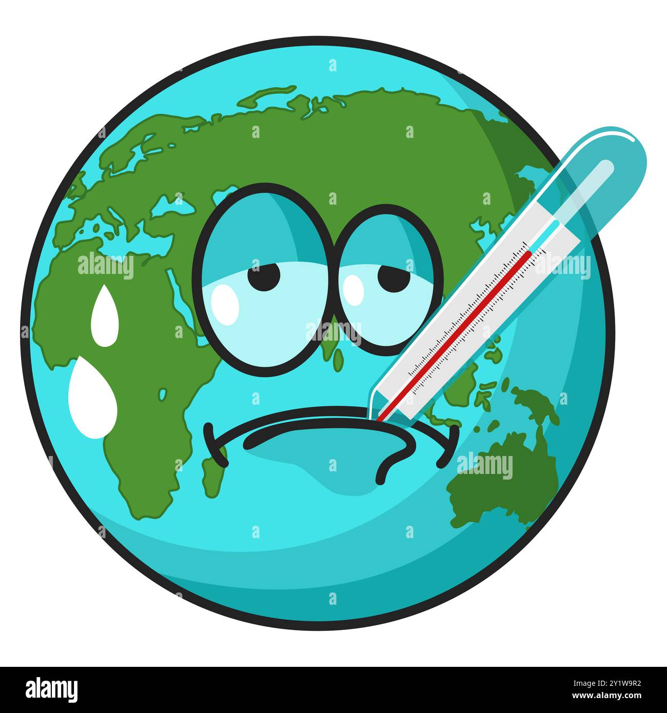 Illustrazione cartoon sul cambiamento climatico, una Terra sudorante con un termometro in bocca, cattura l'impatto dell'aumento delle temperature sul nostro pianeta Illustrazione Vettoriale