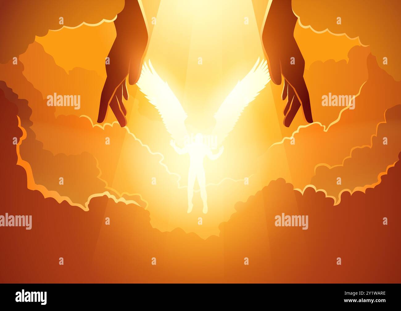 Nel momento in cui Dio crea un angelo dalla luce. Perfetta per contenuti religiosi, temi spirituali e progetti ispiratori, questa illustrazione vettoriale simboleggia Illustrazione Vettoriale