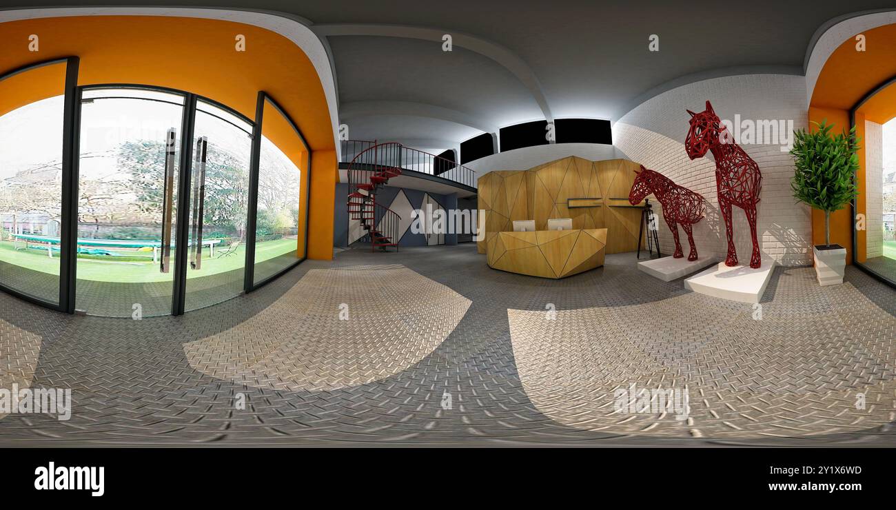 vista a 360 gradi dell'interno dell'ufficio di lavoro Foto Stock