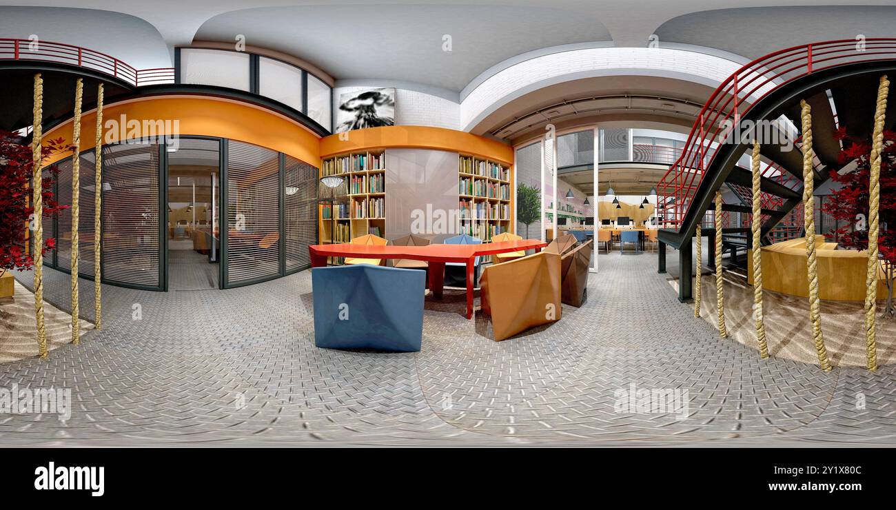 vista a 360 gradi dell'interno dell'ufficio di lavoro Foto Stock