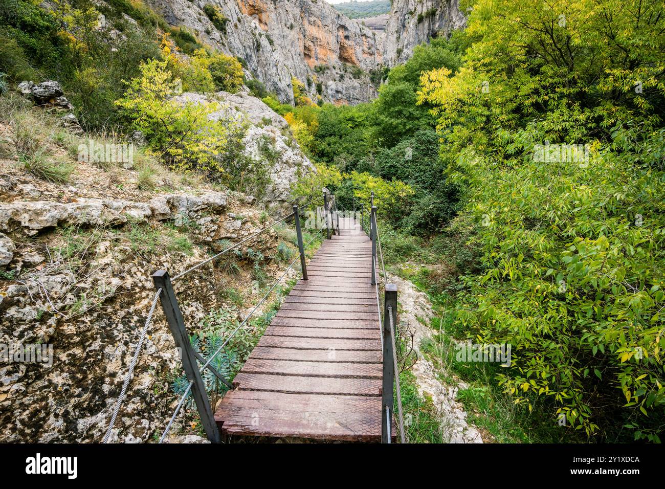 Barranco de la Fuente, percorso delle passerelle, Alquézar, comune della regione di Somontano, Provincia di Huesca, Aragona, Spagna. Foto Stock