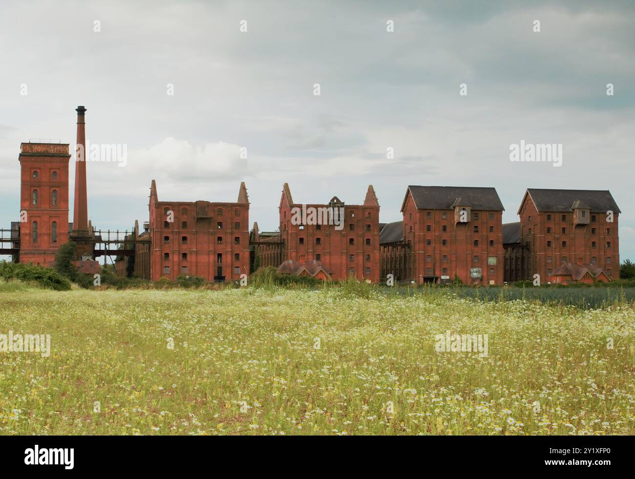 Gli edifici abbandonati, di grado II, Bass Maltings dismessi in disuso a Sleaford, Lincolnshire, Inghilterra, abbandonati dagli anni '1990 Foto Stock