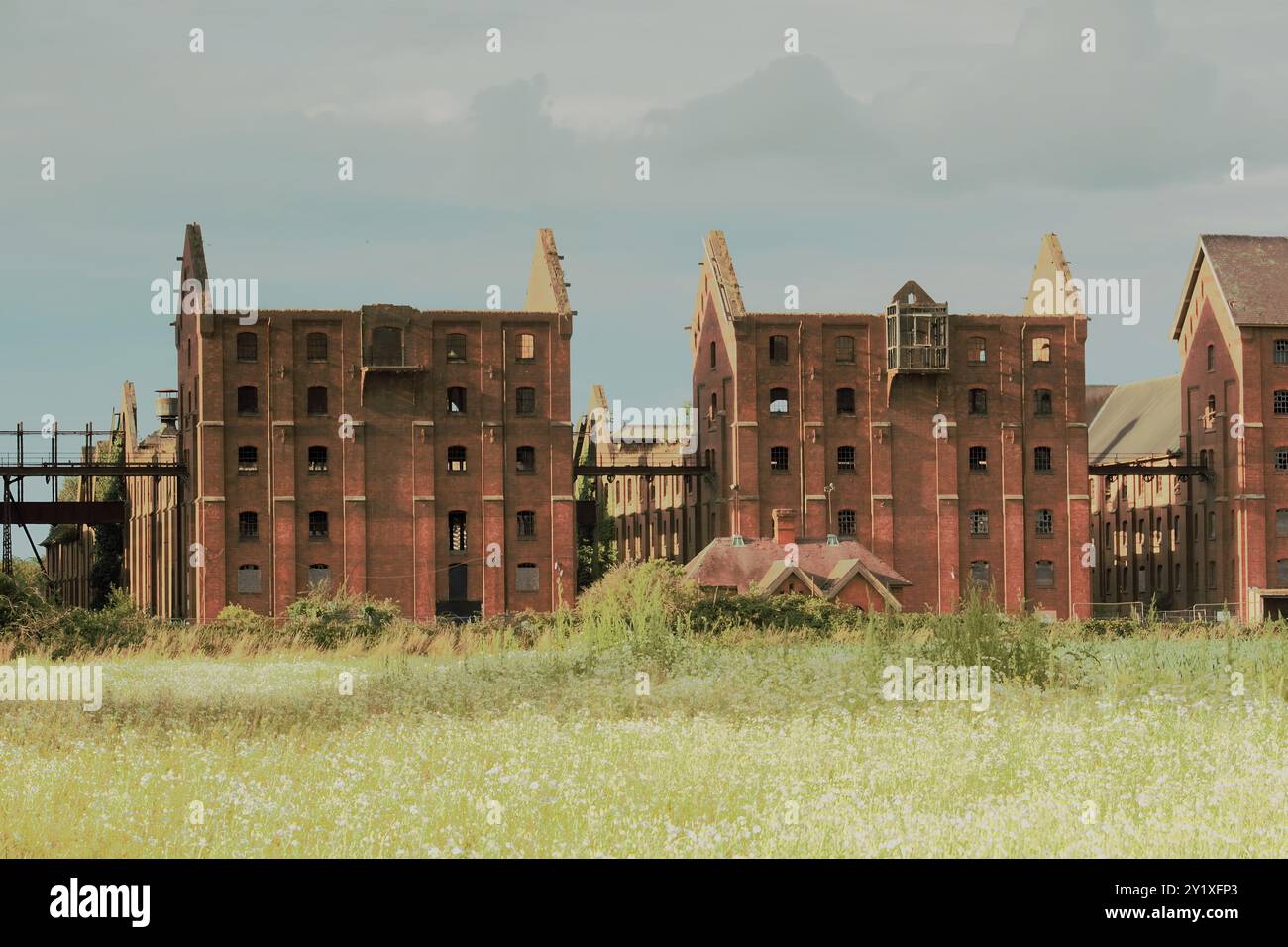 Gli edifici abbandonati, di grado II, Bass Maltings dismessi in disuso a Sleaford, Lincolnshire, Inghilterra, abbandonati dagli anni '1990 Foto Stock