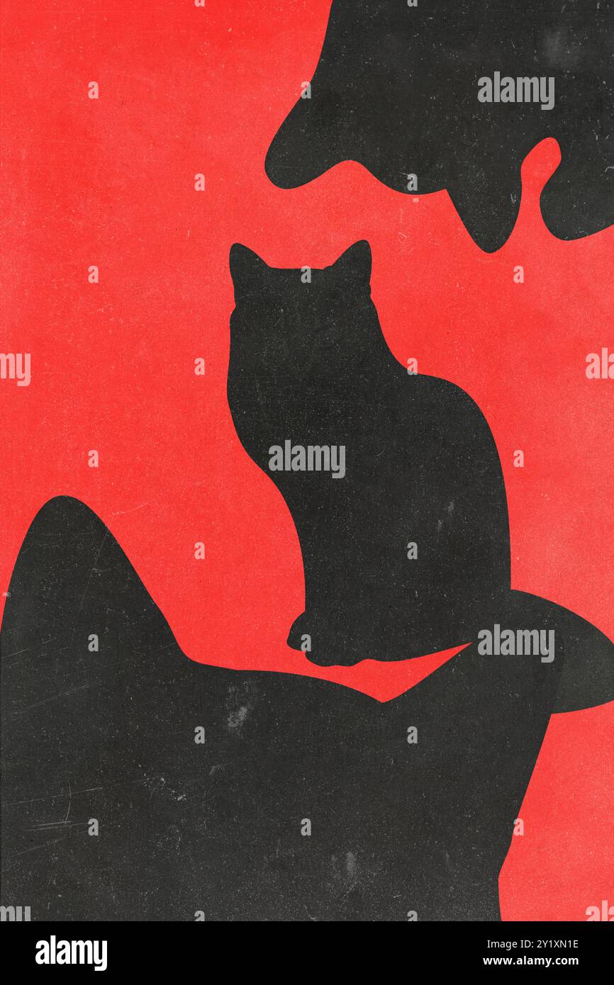 Illustrazione collage di silhouette di gatti neri con trama grunge, rumore e granulosità su uno sfondo rosso brillante. Stile vintage retrò Foto Stock