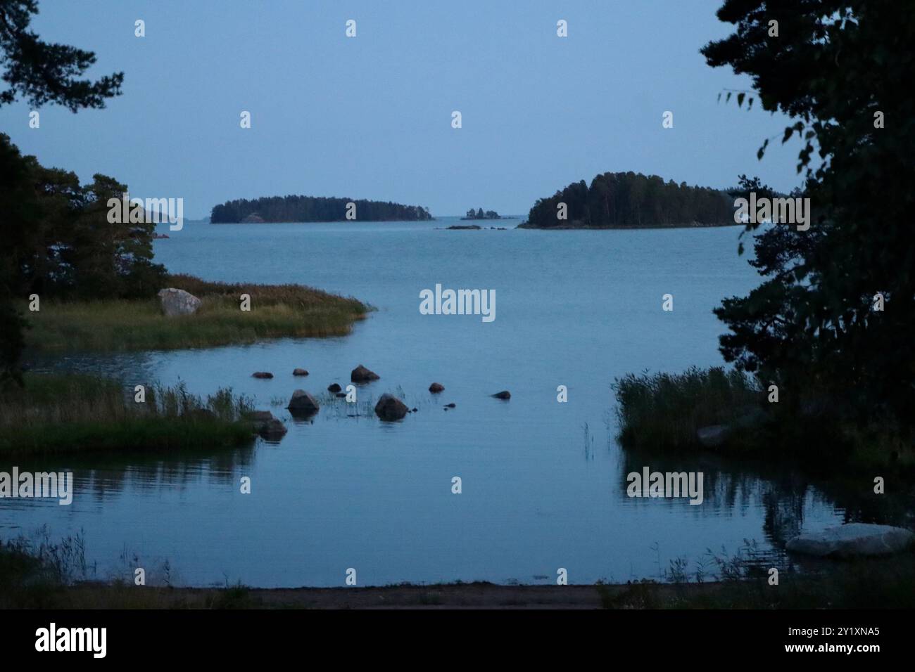 Mezzanotte al chiaro di luna vicino al Golfo di Finlandia nel sud della Finlandia, agosto 2024 Foto Stock