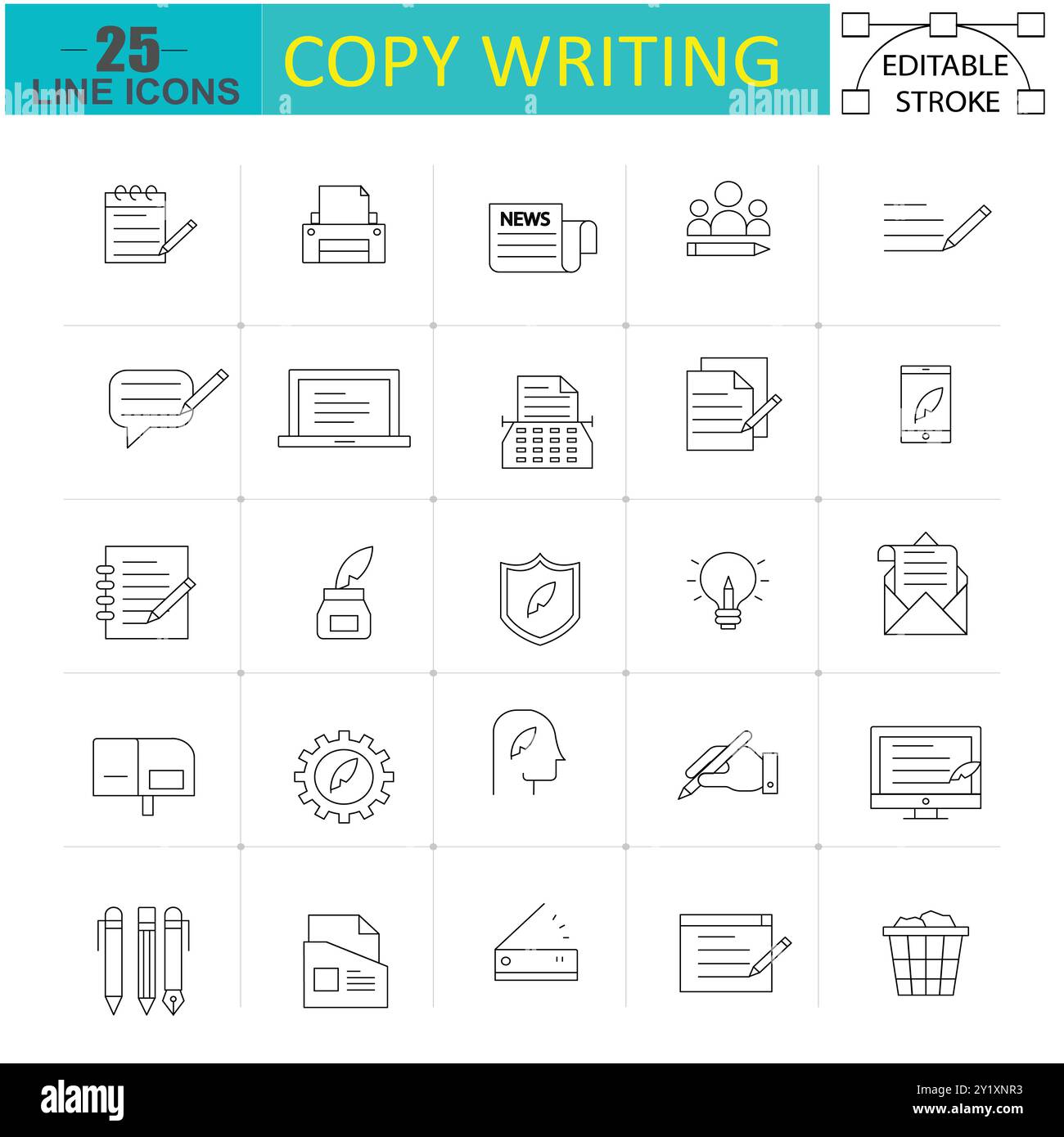 Set icone riga Copywriting e creazione contenuto - 25 icone traccia modificabili per scrittura, modifica e comunicazione digitale Illustrazione Vettoriale