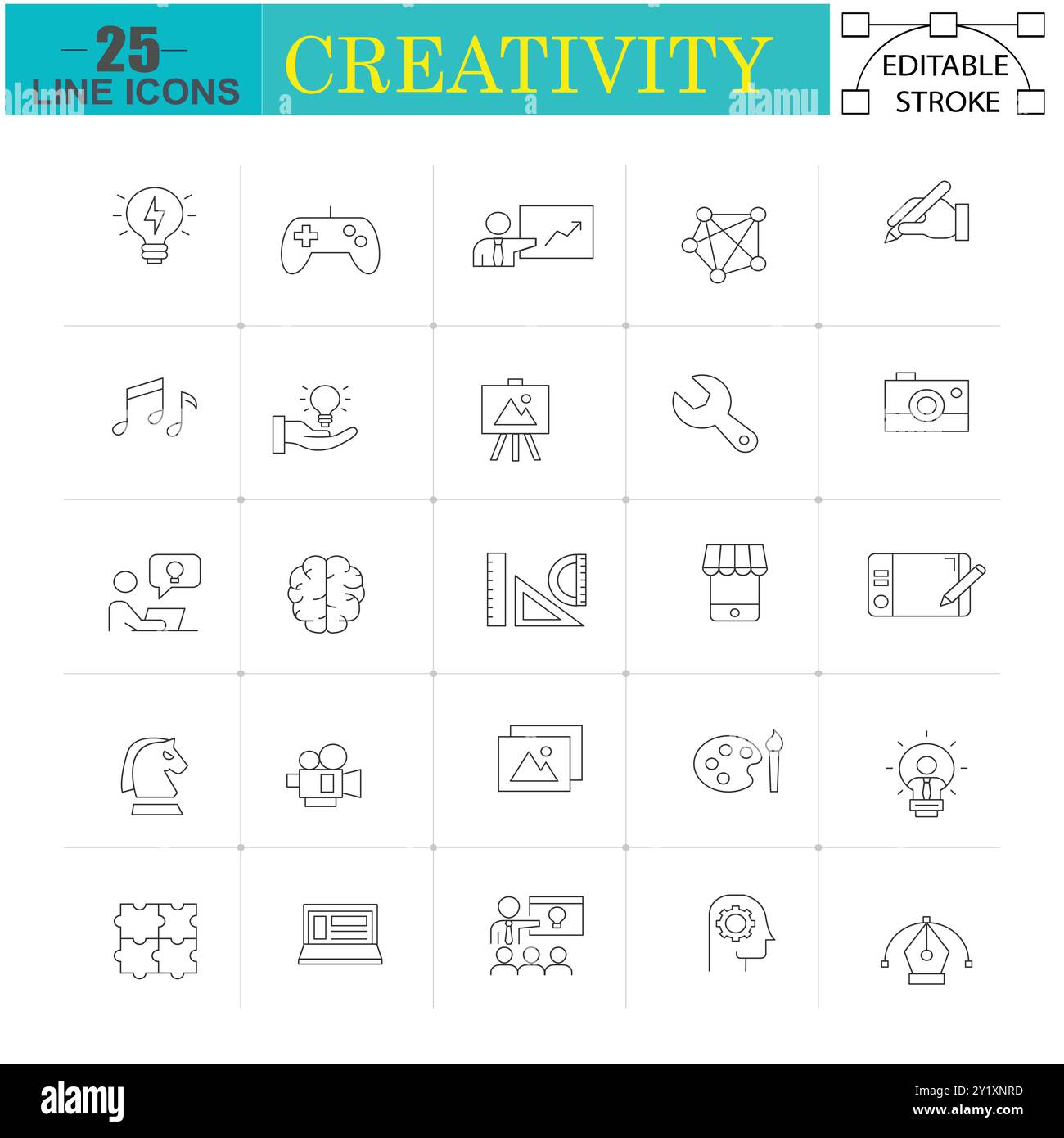set di icone di linea creative. Set icone nere disegno stile linea vettoriale. Pacchetto pittogramma lineare. Web e Mobile Business Ideas progettano l'illustrazione vettoriale. Illustrazione Vettoriale