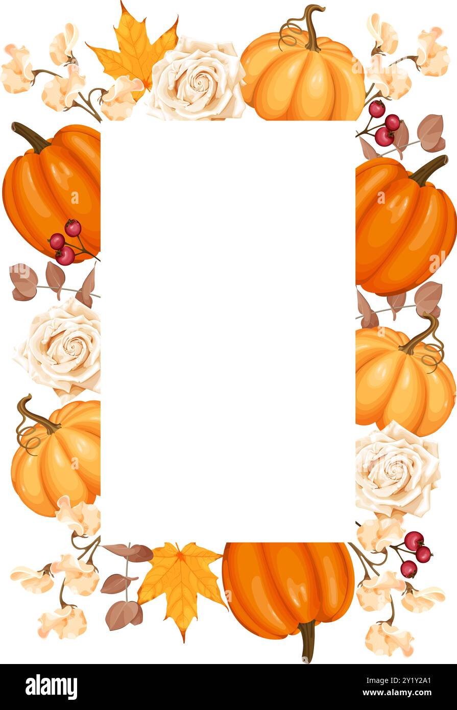 Cornice vettoriale a tema autunnale con zucche, rose beige, foglie d'acero giallo, rosa fianchi ed eucalipto. Illustrazione Vettoriale