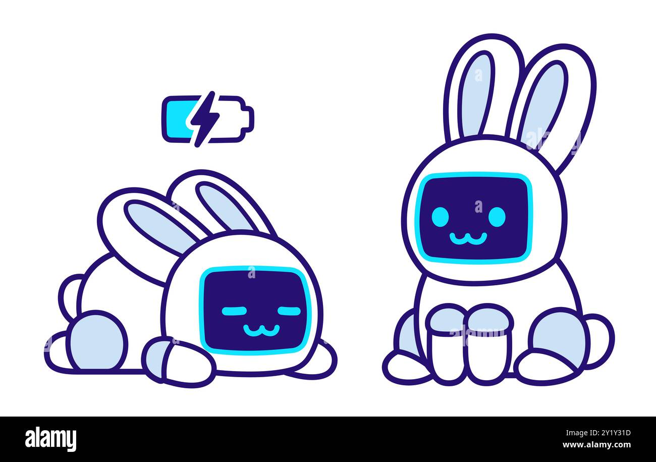 Due simpatici coniglietti di robot cartoni animati, semplice disegno. Seduto e in carica mentre dormi. Illustrazione grafica della clip vettoriale del coniglio Kawaii. Illustrazione Vettoriale