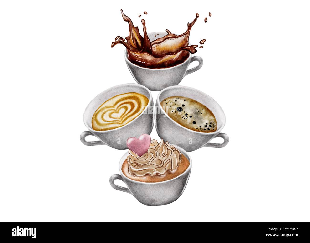 Set di tazze da caffè con diverse guarnizioni. Spruzzi, schiuma, crema su sfondo bianco. Illustrazione acquerello per caffè, caffetteria, menu, logo, negozio, macchine per il caffè Foto Stock